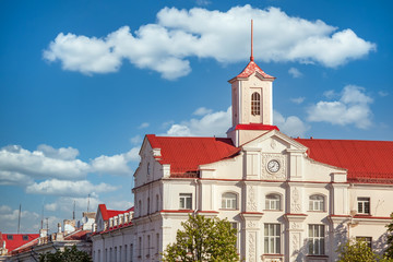 Building of City Hall in Chernihiv, Ukraine against beautiful blue sky