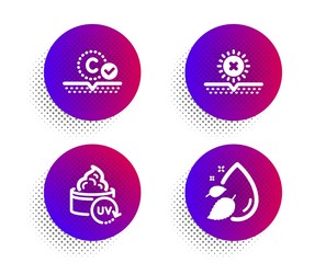 Uv protection, No sun and Collagen skin icons simple set. Halftone dots button. Water drop sign. Skin cream, Uv protect, Serum oil. Beauty set. Classic flat uv protection icon. Vector