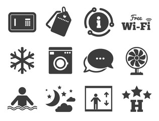 Washing machine. Discount offer tag, chat, info icon. Hotel, apartment service icons. Wifi, air conditioning and swimming pool symbols. Classic style signs set. Vector