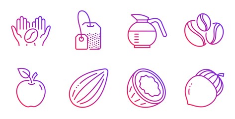 Apple, Coconut and Almond nut line icons set. Tea bag, Coffee and Coffeepot signs. Coffee-berry beans, Acorn symbols. Fruit, Vegetarian nut. Food and drink set. Gradient apple icon. Vector