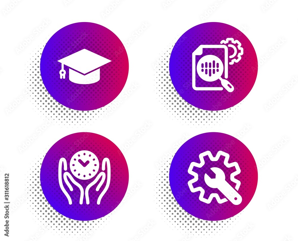 Poster seo stats, graduation cap and safe time icons simple set. halftone dots button. customisation sign. 