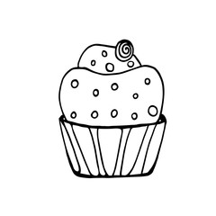 Simple cupcake, graphic image. Cute, funny, cartoon, black lines on white background, isolated. For decoration, coloring.