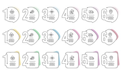Parcel delivery, Ambulance emergency and Parking line icons set. Infographic timeline. Gift, Return package and Parking security signs. Logistics service, Medical transport, Park pointer. Vector