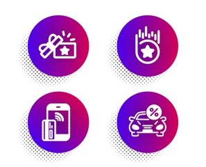 Loyalty gift, Loyalty star and Contactless payment icons simple set. Halftone dots button. Car leasing sign. Bonus award, Bonus reward, Phone money. Transport discount. Finance set. Vector