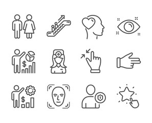 Set of People icons, such as Restroom, Touchscreen gesture, Oculist doctor, Escalator, Seo statistics, Friend, Health eye, Click hand, Face detection, Employees wealth, Security. Restroom icon. Vector