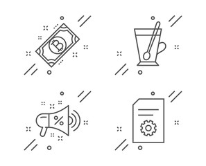 Bitcoin, Sale megaphone and Tea mug line icons set. File settings sign. Cryptocurrency coin, Shopping, Cup with teaspoon. File management. Business set. Line bitcoin outline icon. Vector