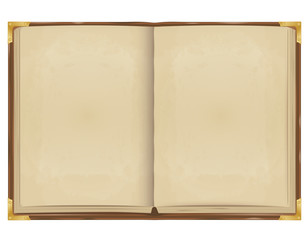 realistic vector. an old open book bound in leather with metal corners. blank pages of yellow parchment paper. isolated on white background