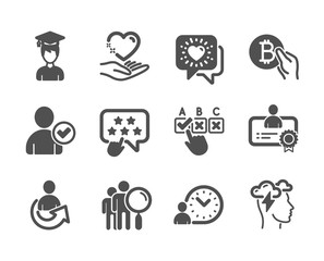 Set of People icons, such as Identity confirmed, Student, Ranking star, Correct checkbox, Bitcoin pay, Hold heart, Share, Friends chat, Certificate, Mindfulness stress, Search people. Vector