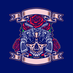 Skull with guns and roses, hand drawn line with digital color, vector illustration