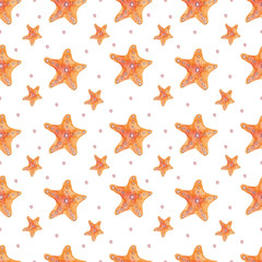 Fototapeta na wymiar Seamless pattern of watercolor starfish on a white background. Use for invitations, birthdays, menus.