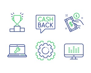 Laptop repair, Winner podium and Seo gear line icons set. Payment method, Money transfer and Music making signs. Computer service, Competition results, Cogwheel. Give money. Vector