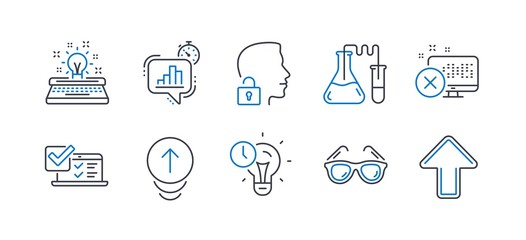 Set of Business icons, such as Chemistry lab, Typewriter, Reject access, Unlock system, Sunglasses, Swipe up, Statistics timer, Time management, Online survey, Upload line icons. Vector