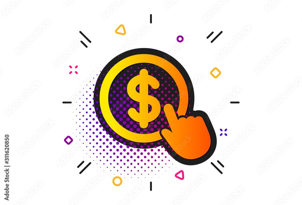 Poster currency exchange sign. halftone circles pattern. hand click icon. cursor pointer symbol. to pay or 