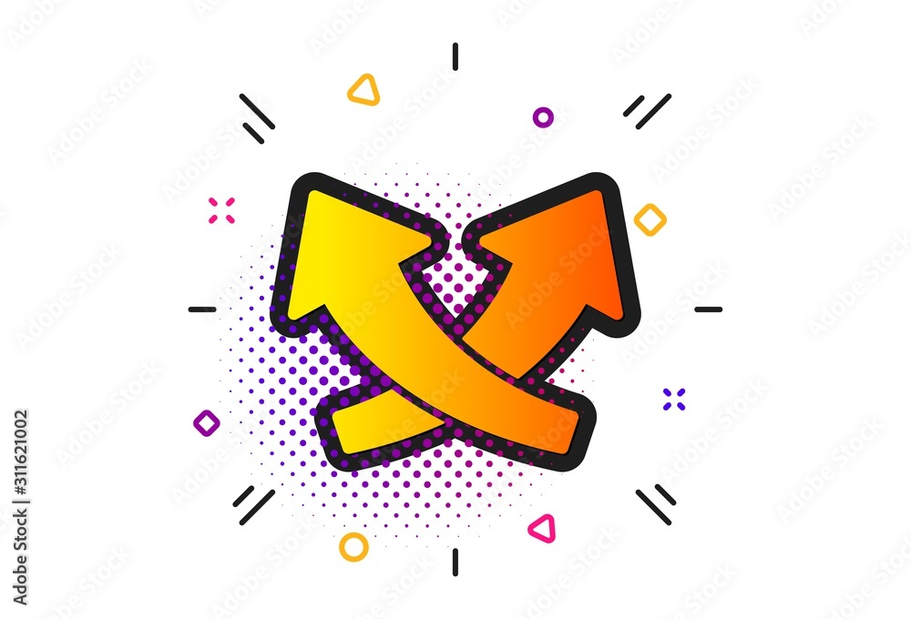 Poster exchange and turn, cross sign. halftone circles pattern. intersection arrows icon. classic flat inte