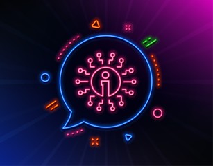 Fototapeta premium Info line icon. Neon laser lights. Information center sign. Support system symbol. Glow laser speech bubble. Neon lights chat bubble. Banner badge with info icon. Vector