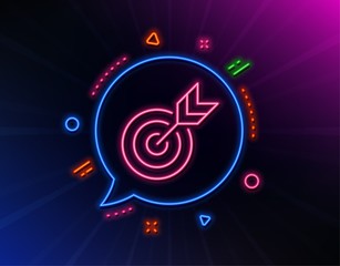 Target line icon. Neon laser lights. Marketing targeting strategy symbol. Aim with arrows sign. Glow laser speech bubble. Neon lights chat bubble. Banner badge with target icon. Vector