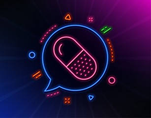 Capsule pill line icon. Neon laser lights. Medical drugs sign. Pharmacy medication symbol. Glow laser speech bubble. Neon lights chat bubble. Banner badge with capsule pill icon. Vector