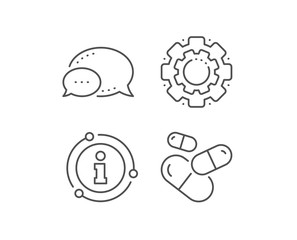 Capsule pill line icon. Chat bubble, info sign elements. Medical drugs sign. Pharmacy medication symbol. Linear capsule pill outline icon. Information bubble. Vector