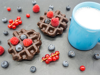 Fototapeta na wymiar delicious waffles with forest berries and jar of milk breakfast concept