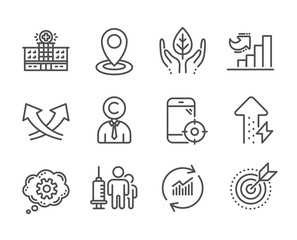 Set of Science icons, such as Copyrighter, Energy growing, Hospital building, Seo phone, Target purpose, Cogwheel, Location, Update data, Medical vaccination, Fair trade, Growth chart. Vector