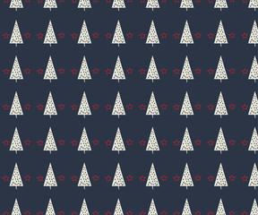 New Year pattern with blue background with red stars and white Christmas tree.