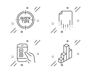 Mobile survey, Tips and Recovery file line icons set. 3d chart sign. Phone quiz test, Quick tricks, Backup document. Presentation column. Education set. Line mobile survey outline icon. Vector