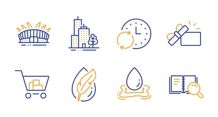 Hypoallergenic tested, Internet shopping and Water splash line icons set. Skyscraper buildings, Opened gift and Update time signs. Arena stadium, Search book symbols. Vector