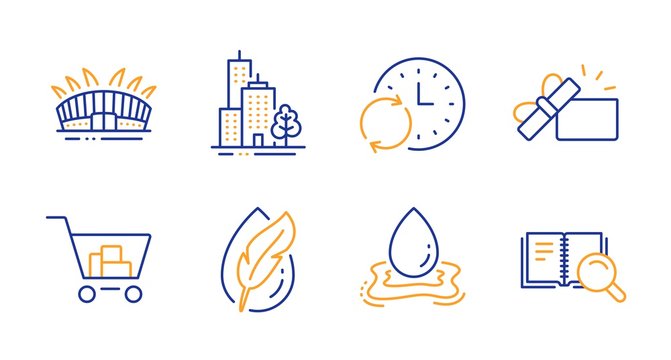Hypoallergenic tested, Internet shopping and Water splash line icons set. Skyscraper buildings, Opened gift and Update time signs. Arena stadium, Search book symbols. Vector