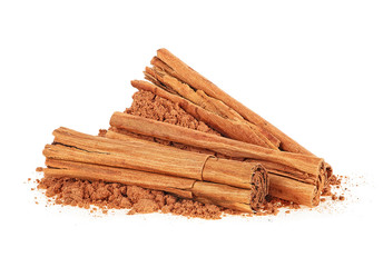 Sticks and ground of ceylon cinnamon isolated on white background