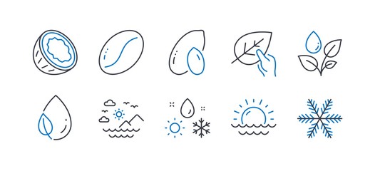 Set of Nature icons, such as Sea mountains, Leaf dew, Coconut, Peanut, Plants watering, Sunset, Weather, Organic tested, Coffee beans, Snowflake line icons. Summer travel, Water drop. Vector