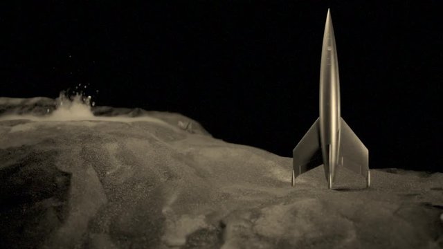 Retro, 1950's space craft sits below an active crater.  4K, 10 bit black and white.