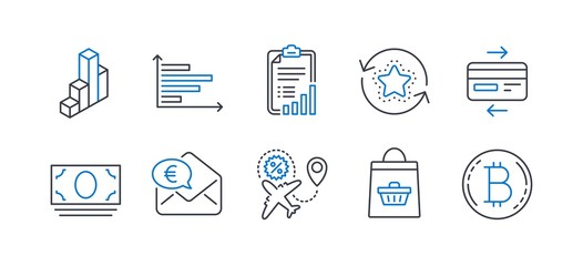 Set of Finance icons, such as 3d chart, Checklist, Flight sale, Horizontal chart, Cash money, Online buying, Euro money, Loyalty points, Credit card, Bitcoin line icons. Line 3d chart icon. Vector