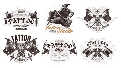Tattoo emblems, badges and labels collection. Set of tattoo shops and salon logo and sign. Vector hand drawn engraving style
