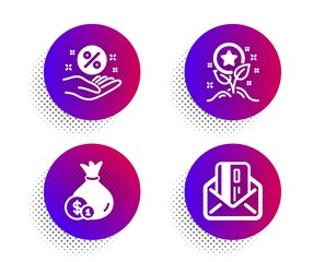 Cash, Loyalty points and Loan percent icons simple set. Halftone dots button. Credit card sign. Banking currency, Bonus grows, Discount hand. Mail. Finance set. Classic flat cash icon. Vector