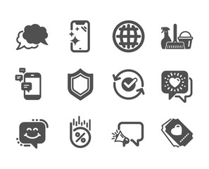 Set of Business icons, such as Friends chat, Approved, Globe, Household service, Chat message, Loan percent, Security, Communication, Smartphone clean, Megaphone, Love ticket. Vector