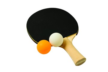 Close up view of black racket for table tennis with orange and white balls isolated. Ping pong game...