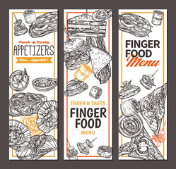 Vertical banners with finger food design. Snacks, appetizers, mini canapes, sandwiches, seafood, hamburger, rolls. Vector illustration in monochrome hand drawn sketch style
