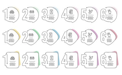Arena stadium, Water bottle and Smartphone payment line icons set. Infographic timeline. Laureate, Touchscreen gesture and Mobile like signs. Sport complex, Still drink, Mobile pay. Vector