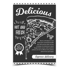 Delicious Vegetarian Italian Pizza Poster Vector. Slice Cheese Pizza With Ingredients Mushroom Honey Agaric And Paprika Pepper, Basil Leaves And Oregano Advertising Banner Monochrome Illustration