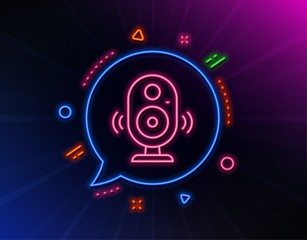 Speaker line icon. Neon laser lights. Computer component sign. Sound symbol. Glow laser speech bubble. Neon lights chat bubble. Banner badge with speaker icon. Vector