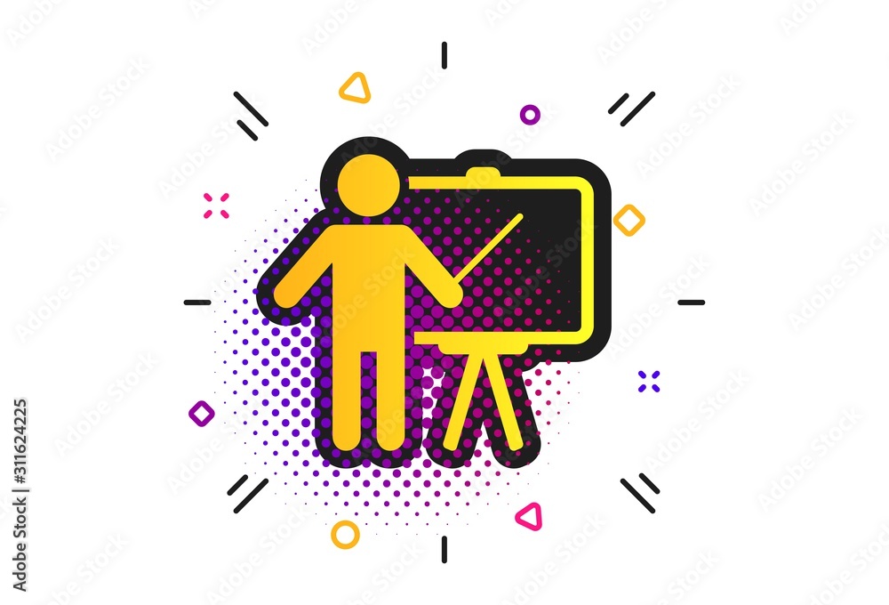 Poster presentation sign icon. halftone dots pattern. man standing with pointer. blank empty billboard symb