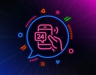 24 hour service line icon. Neon laser lights. Call support sign. Feedback chat symbol. Glow laser speech bubble. Neon lights chat bubble. Banner badge with 24h service icon. Vector