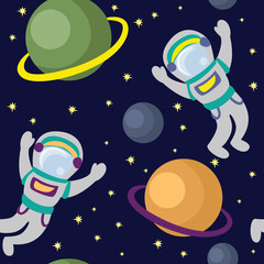 Seamless pattern with astronaut in space for textile, paper, website. Vector flat illustration isolated on the dark blue background. 