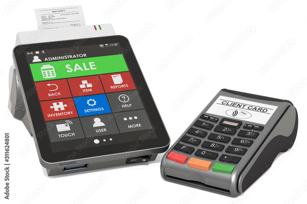 Poster online cash register with pos-terminal, 3d rendering