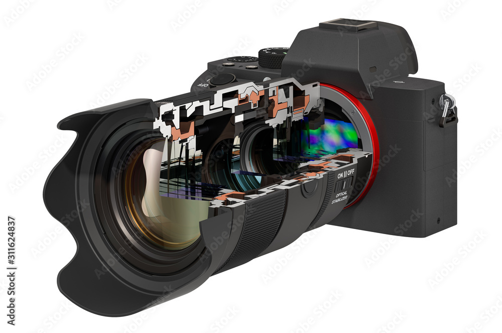 Poster sectional of mirrorless digital camera with zoom lens, 3d rendering