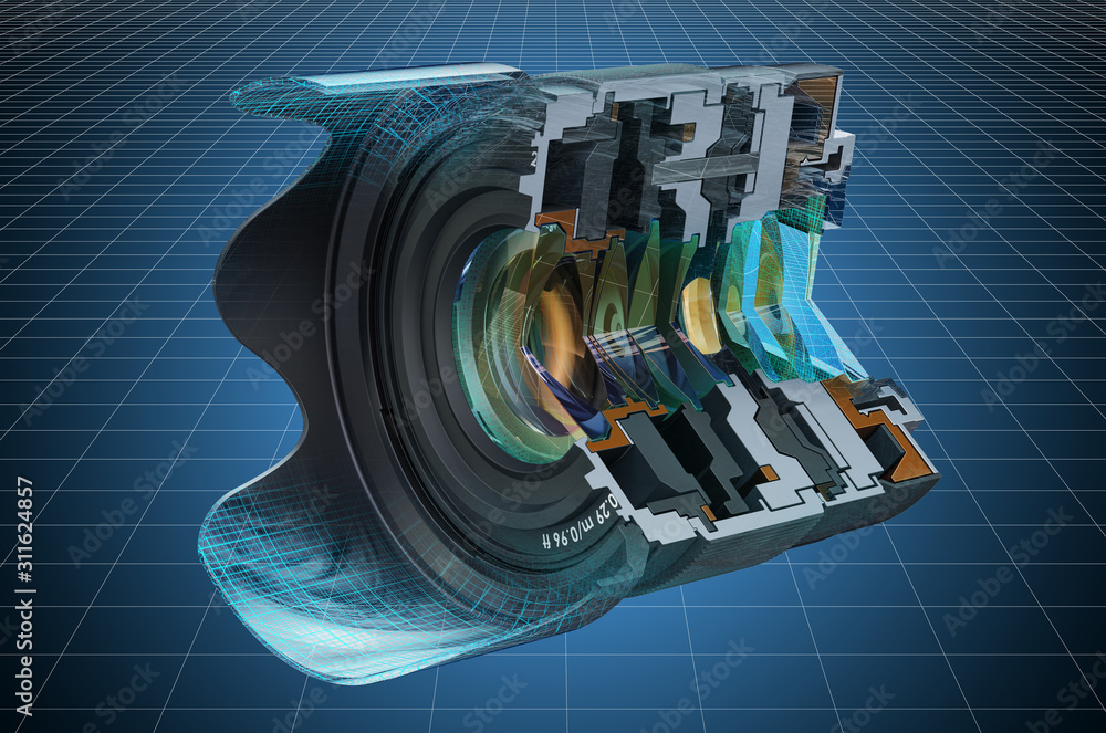 Poster visualization 3d cad model of sectional of camera lens, fixed focal length lens. 3d rendering