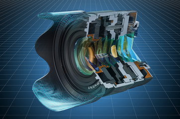 Visualization 3d cad model of sectional of camera lens, fixed focal length lens. 3D rendering - obrazy, fototapety, plakaty