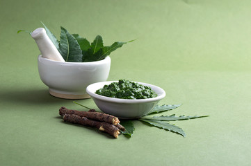 Medicinal Neem leaves in mortar and pestle with paste and twigs on green background