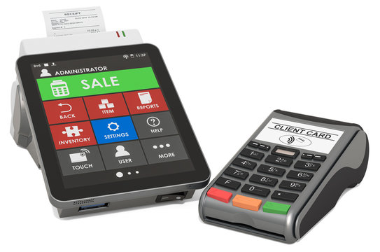 Online cash register with POS-terminal, 3D rendering