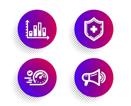 Diagram graph, Speedometer and Medical shield icons simple set. Halftone dots button. Megaphone sign. Presentation chart, Time concept, Medicine protection. Advertisement. Business set. Vector
